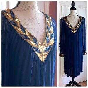 Vintage 60s Saks Fifth Ave Silk Beaded Evening Dress Navy Gold sz 8